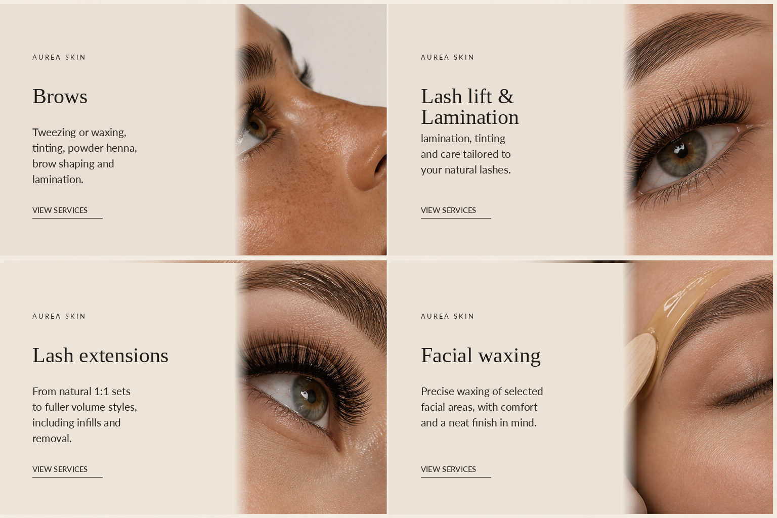 AUREA SKIN services in Katowice: brows, lash lifting and lamination, lash extensions, and facial waxing