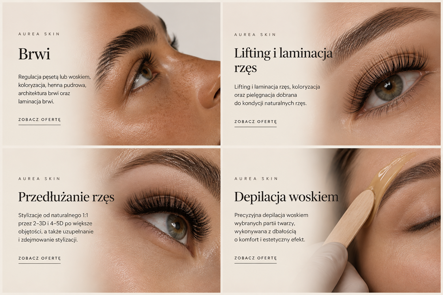 Oferta AUREA SKIN: brwi, lifting i laminacja rzęs, przedłużanie rzęs oraz depilacja woskiem
